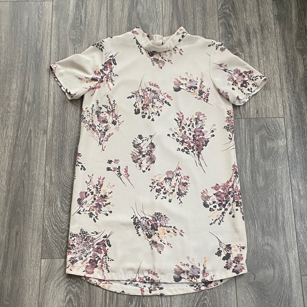 Leith - Floral Print A-Line Mini Dress in Light Taupe - Size M